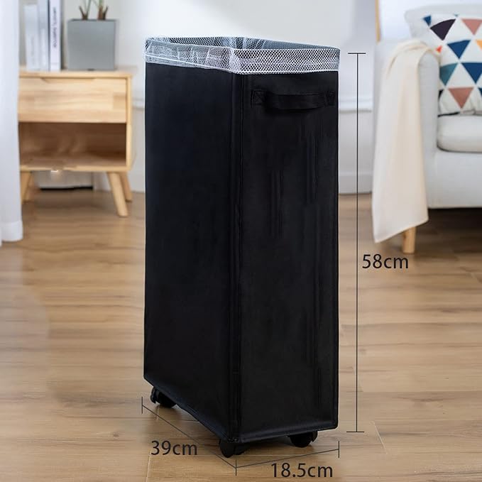 Slim Laundry Basket with Wheels Foldable Sorter and Organizer on Wheels Large Dirty and Thin Fabric Storage Basket for Household Items (Black)