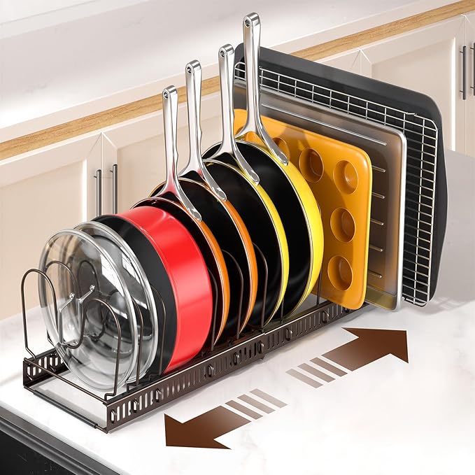 ORDORA Pots and Pans Organizer under Cabinet with Pan Holder: Expandable 11.8"-22.8" Kitchen Cabinet Organizer Rack, 12 Adjustable Dividers Storage for Cookie Sheets, Cutting Boards & Lid, Bronze