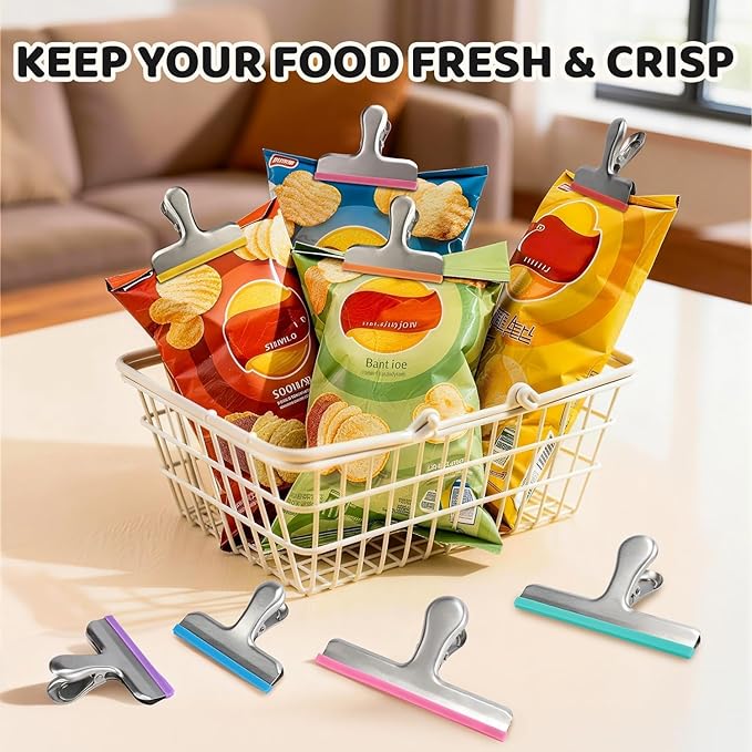 HOUSE AGAIN 8 Pack Stainless Steel Chip Bag Clips Covered with Silicone - NO More Sharp Edges - Color Coded for Food Bags - Air Tight Seal, Heavy Duty for Kitchen and Office, 3 Inches, Blue