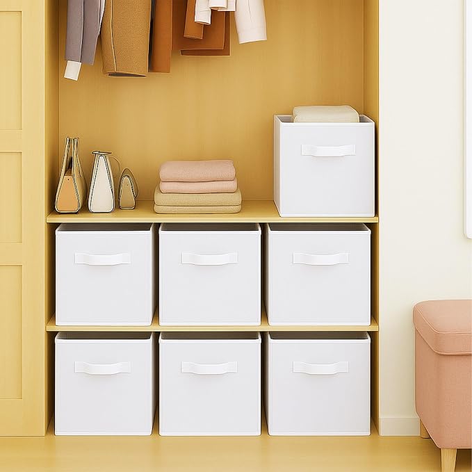 PowerKing Collapsible Storage Cubes with Handles, Fabric Foldable Bins for Closet Shelves, Durable Organization Storage Bins, 10.5'' x 11'' x 10.5'' (6Pack, White)