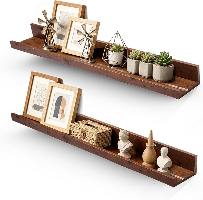 Muzilife 35.4" Large Floating Shelves Wood Wall Shelf with Lip, 2Pcs, Brown | FSC-Certified Wood | 20 lbs Capacity | Space-Saving | Hanging Shelf | Wall Decor| Bedroom,Living Room,Bathroom,Kitchen,Office