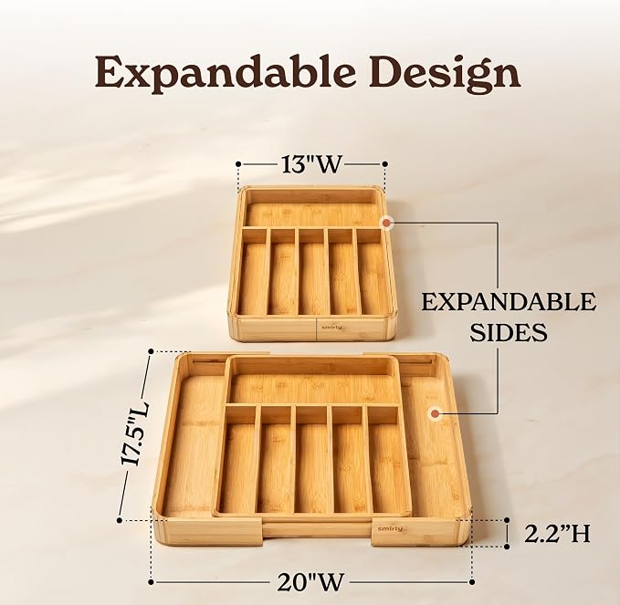 SMIRLY Silverware Drawer Organizer – Bamboo Kitchen Drawer Organizer, Adjustable Utensil Holder and Cutlery Tray, Drawer Dividers for Flatware and Kitchen Utensils | Adjustable