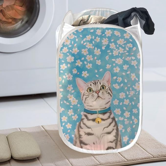 AFPANQZ Daisy Cat Pop Up Laundry Hamper with Side Pocket Collapsible Design for Clothes Laundry Toys Nursery Save Place for Home Easy Folding for Travel 85L,14.5x14.5x24.5 inches