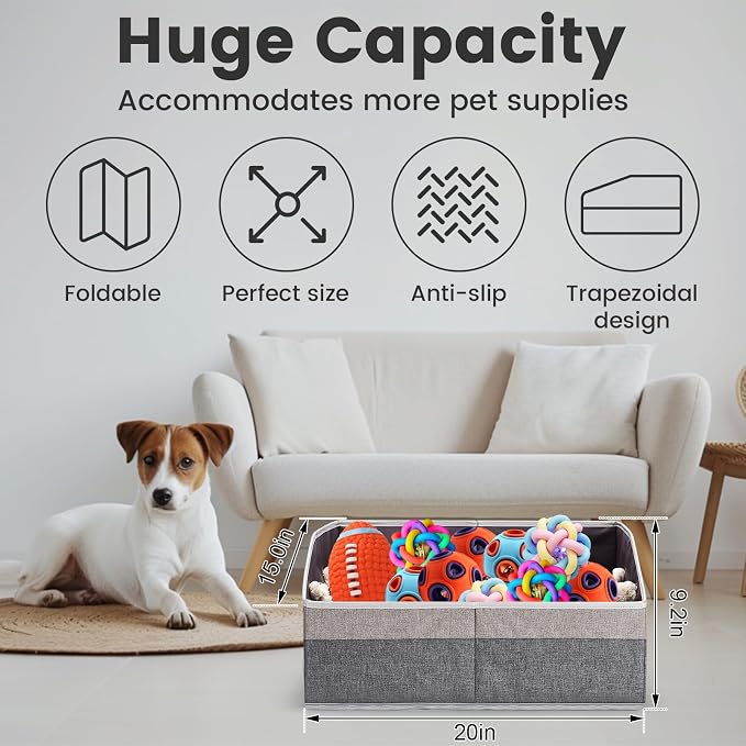Large Dog Toy Basket with Handle, Foldable Dog Toy Box for Living Room Area , 20" Basket for Dog's Supplies, Organizer and Storage with Hard Board, Anti-Slip for Pet Toys (Gray, Medium 20"×15")