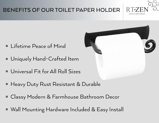 RTZEN Bathroom Toilet Paper Holder - Handcrafted Rustic Wrought Iron Wall Decor Toilet Roll Holder - Black Matte Wall Mount Bar for Modern Farmhouse Bathroom Decor
