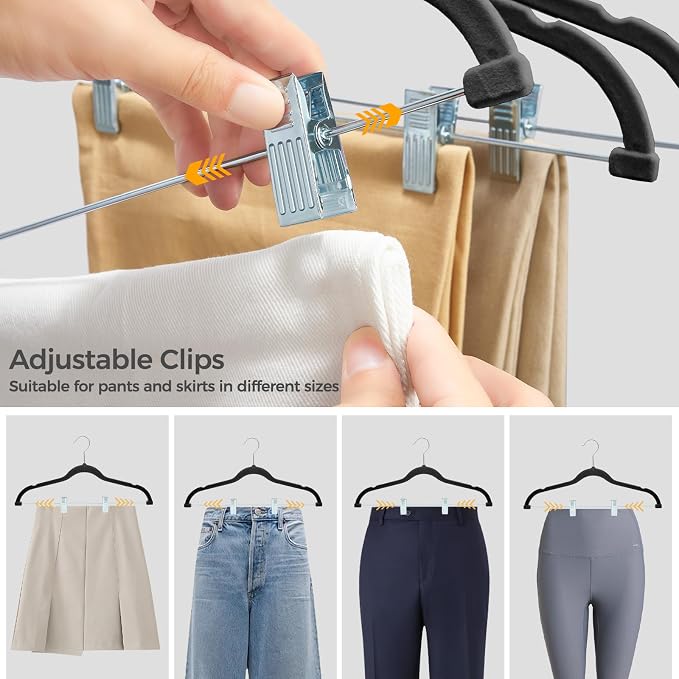 HOUSE DAY Velvet Hangers with Adjustable Clips 10 Pack, Non-Slip Suit Organizer with 360° Hook - Heavy Duty Hanger for Pants, Skirts, Blouses, Dresses - Outfit Hangers All-Season Space Saver (Black)