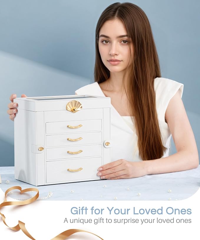 Enthralite Jewelry Box with 4 Drawers : Jewelry Display Organizer for Earrings Necklaces - Gift for Girls Women | White