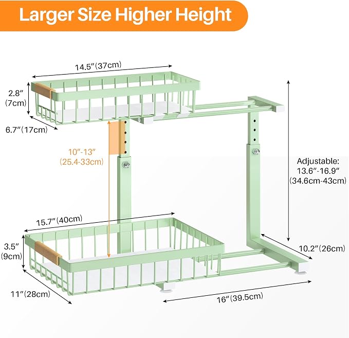 PXRACK Under Sink Organizer, Adjustable Height, 2 Tier Pull Out Under Cabinet Organizer, Slide Out Thickened Metal Under Sink Storage for Kitchen Bathroom Laundry Pantry Cabinet, Green, Large-2-Pack