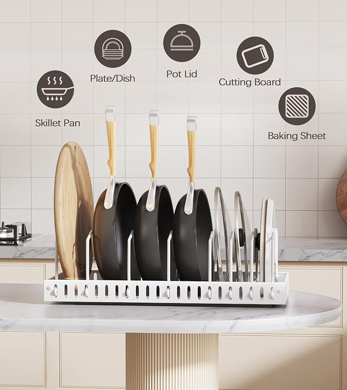 Lozovin Pull Out Pots and Pans Organizer Under Cabinet, Sliding Lid Holder and Pan Rack in Kitchen, Slide Out inside Cabinet Storage for Pot Lid, Bakeware, Dishes, 8 Adjustable Dividers, 2 Pack White