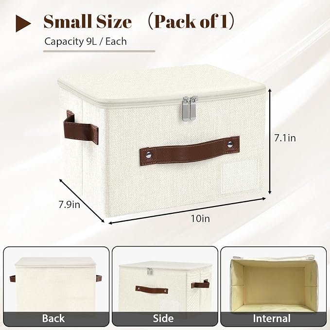 ANMINY 3PCS Storage Bins with Zipper Lid Storage Boxes with Label Holder PU Leather Handles Washable Foldable Decorative Lidded Cotton Linen Fabric Cubes Baskets Closet Organizer - Beige, Small