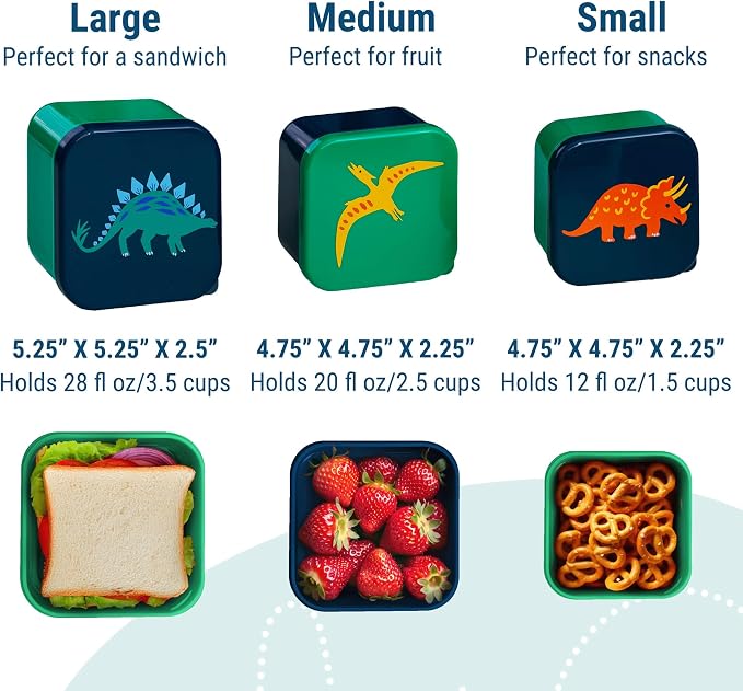 Wildkin Set of 3 Kids Nesting Food Containers for Boys – Stackable, Airtight & BPA-Free Snack Containers, Dishwasher Safe Lunch Box Containers for School & Travel, Ages 3–12 – Jurassic Dinosaurs