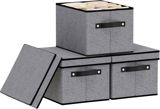 Storage Box with Handles,10.2×7.8×6.7 In,Gray Bin,3-Pack | Clothing Storage Baskets,Closet Organizers with Lids and PP Plastic Board,Fabric Containers for Shelves Bedroom Office