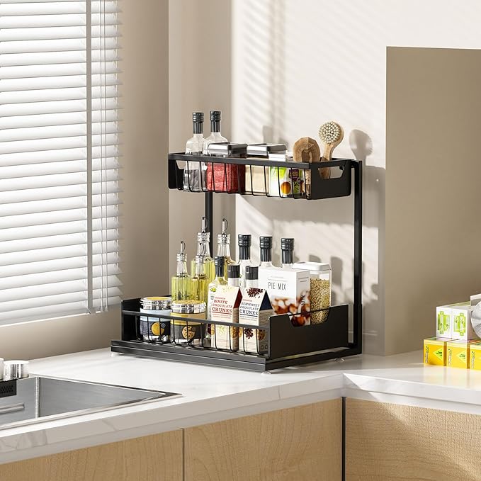 Ceetug Under Kitchen Sink Organizers and Storage, Black, 2 Pack | Slide Out Drawer, L-shape, 2 Tier, Cabinet Organizer for Kitchen Bathroom