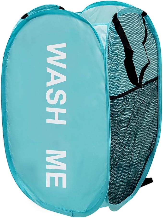 Mesh Pop Up Laundry Hamper with Handles, Collapsible Laundry Basket Side Pocket Dirty Clothes Hamper (Sky Blue)