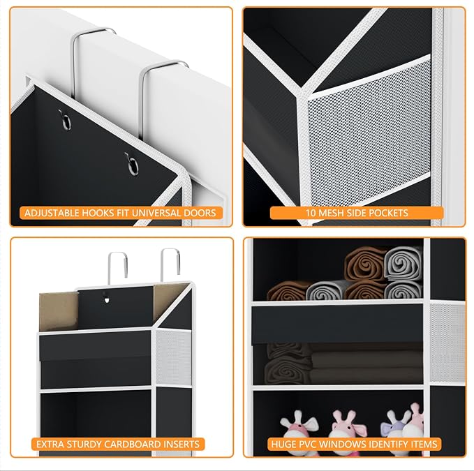 Over Door Organizer - Over The Door Storage Organizer with 5 Large Pockets & 10 Mesh Side Compartments - Heavy-Duty Hanging Storage for Bathroom, Bedroom & Nursery - Room Organizer Solution - Black