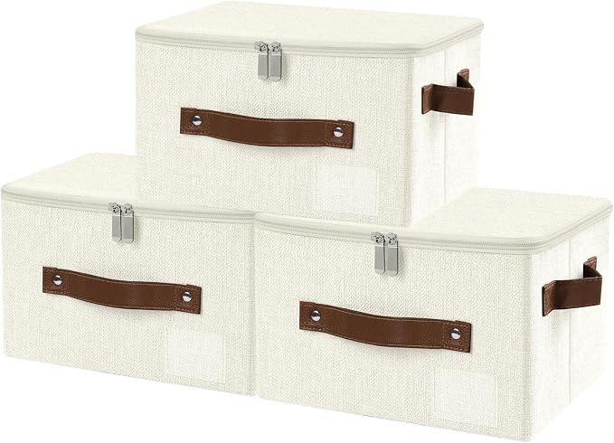 ANMINY 3PCS Storage Bins with Zipper Lid Storage Boxes with Label Holder PU Leather Handles Washable Foldable Decorative Lidded Cotton Linen Fabric Cubes Baskets Closet Organizer - Beige, Small