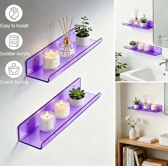 ROYALITA 2-Pack Acrylic Shelves Wall Mounted, 17 Inch Display Shelves | for Small Items Plants Organize Wall Shelves for Gaming Room, Bedroom, Living Room, Office, Purple