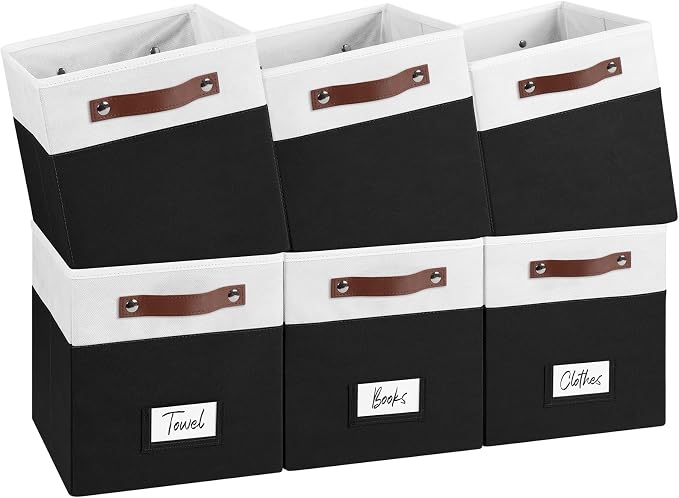 FinishingBo 6-Pack Storage Cubes with Handles & Label Holders Basket, Closet Cube Home Organizer Bins(White/Black, 10.5 x 10.5 x 11 inch)