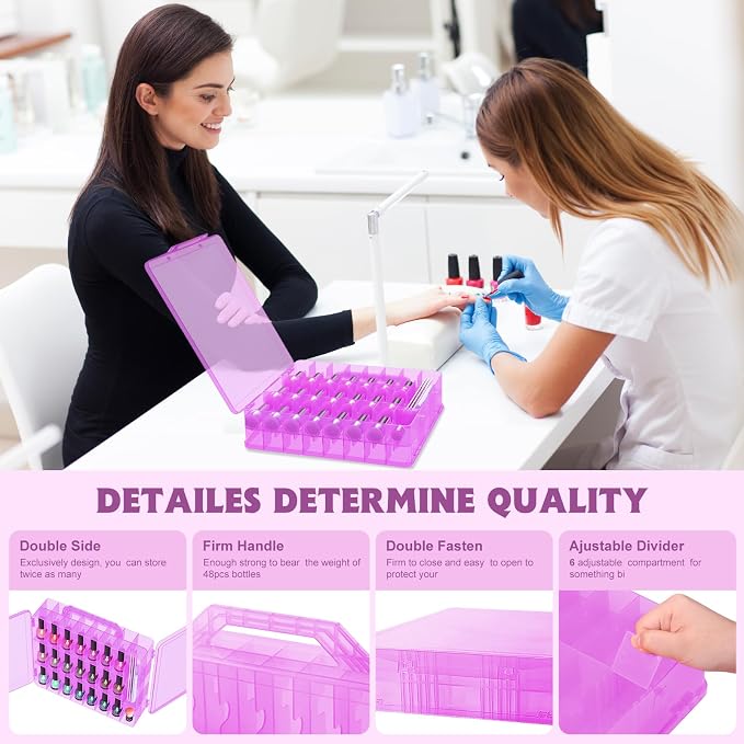 SUBAY 2 Pcs Portable Nail Polish Organizer, Clear Double Side Nail Polish Holder,Gel Nail Storage for 48 Bottles with 6 Adjustable Dividers in Each Side Space Saver Pink