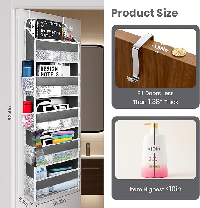 Easy Assembly Over The Door Organizer, 6 Shelves& 10 Side Pockets, Heavy-Duty Reinforced Mesh Rack Holds 44lb, Hanging Behind Door Storage for Bathroom Pantry, Nursery, Closet, Shoes, Towels-Dark Grey