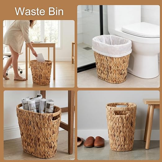 Pumtus Woven Trash Can, Handwoven Bathroom Waste Basket with Built-in Handles, Water Hyacinth Storage Bin, Garbage Laundry Magazine Container for Bedroom, Kitchen, Office, Utility Room