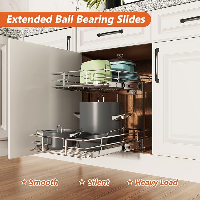 ROOMTEC Individual Pull Out Cabinet Organizer (11" W x 21" D), 2 Tier Spice Rack Organizer for Cabinet, Slide Out Drawer Pantry Shelf Organization and Storage for Kitchen Bathroom