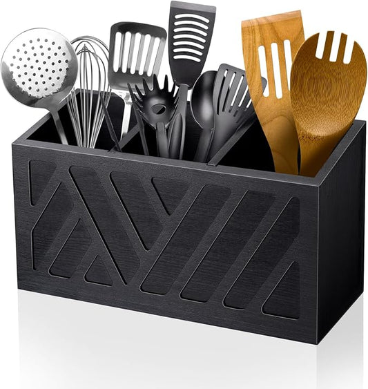 MINCORD Utensil Holder Caddy with 3 Compartments, Wooden Flatware Cutlery Storage Organizer Box Countertop for Silverware Fork Spoon Spatula