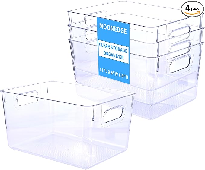MOONEDGE Clear Plastic Storage Organizer Bins for Home Organization | Clear Bins for Organizing, Pantry Organizers and Storage, Kitchen, Fridge, Bathroom, Cabinet, Closet, Under-Sink, Laundry