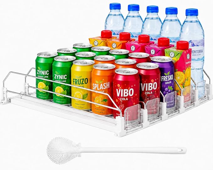 Drink Organizer for Fridge with Cleaning Brush, Soda Can Dispenser for Refrigerator, Automatic Drink Dispenser for Fridge Holds up to 25 Cans, 5 Row Adjustable Organizer with Smooth Pusher Glide White