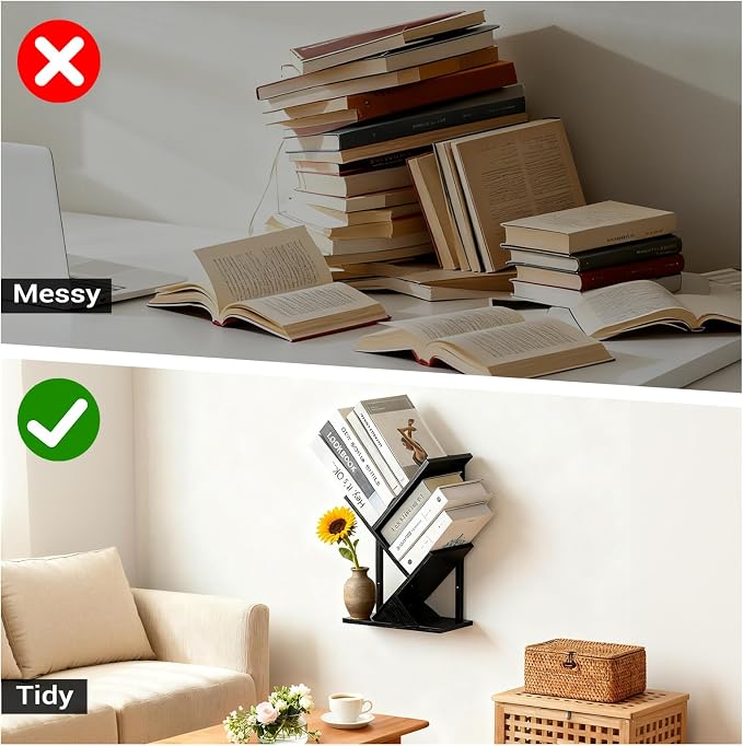 3 Tier Small Tree Bookshelf Black Floating Book Shelves for Wall, Unique Hanging Bookshelf Small for CDs/Magazine/Books Display, Desktop shelf Floor Standing Mini Bookcase for Bedroom, Living Room