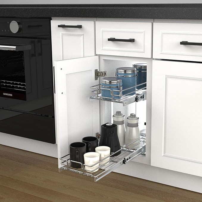 2 Tier Pull Out Cabinet Organizer, 9" W x 21" D Heavy-Duty Metal Sliding Drawer Shelf for Kitchen Cabinets, Chrome, Doesn't Include Door Fittings