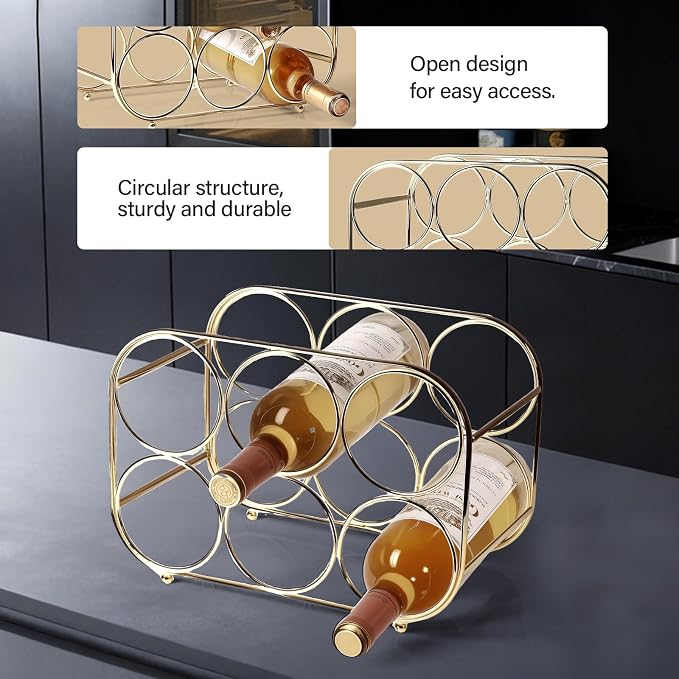 Countertop Wine Rack - 6 Bottle Freestanding Modern Gold Metal Small Wine Rack - Tabletop Wine Holder Stand for Cabinet, Pantry, Wine Bottle Storage