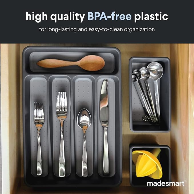 madesmart Small Silverware Tray, 5 Compartment Flatware Organizer for Forks, Knives & Spoons, Non Slip, Soft Grip Lining, Fits Small Drawers, Granite, Classic Mini (Pack of 6)