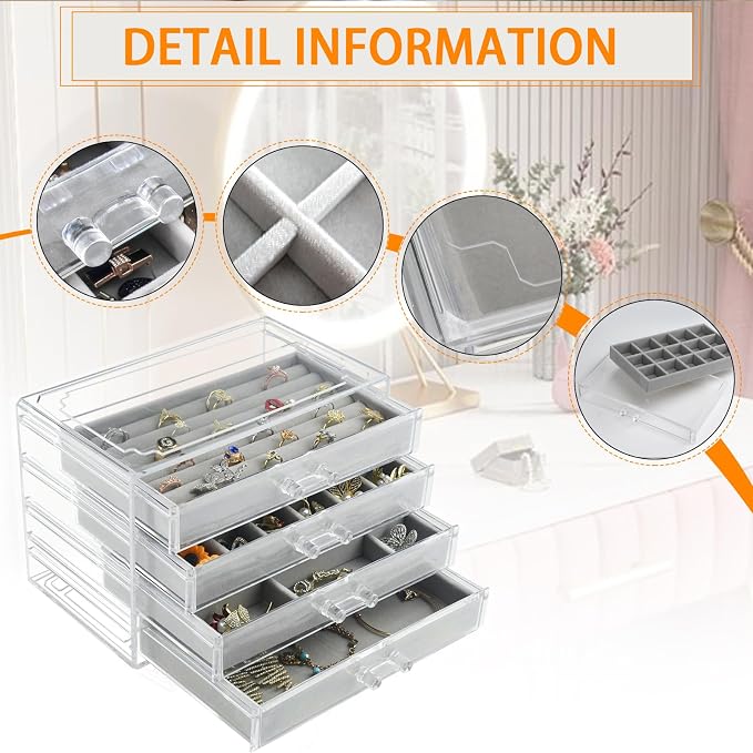 Weiai Acrylic Jewelry Organizer Box 4 Drawer Earring Case Storage for Women Gray
