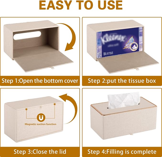 Tissue Box Cover Rectangle Tissue Box Holder PU Leather Facial Organizer with Magnetic Bottom,Decorative Napkin Caddy for Vanity Dresser Night Stand Table Countertop Home Office Car,Beige