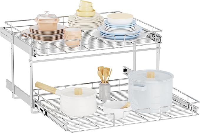 LOVMOR Individual Pull Out Cabinet Organizer, 2 Tier Slide Out Cabinet Drawers, Pots and Pans Organizer and Storage Pantry Shelf for Kitchen (25½" W x 21½" D)
