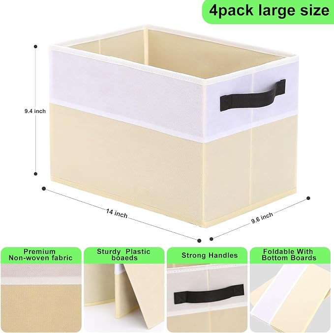 Large Shelf Storage Bins [4 Pack],Decorative Collapsible Storage Basket,Fabric Closet Organizer and Home Storage Cubes with Handles for Organizing Books, Clothes, Toys, Nursery（Beige）