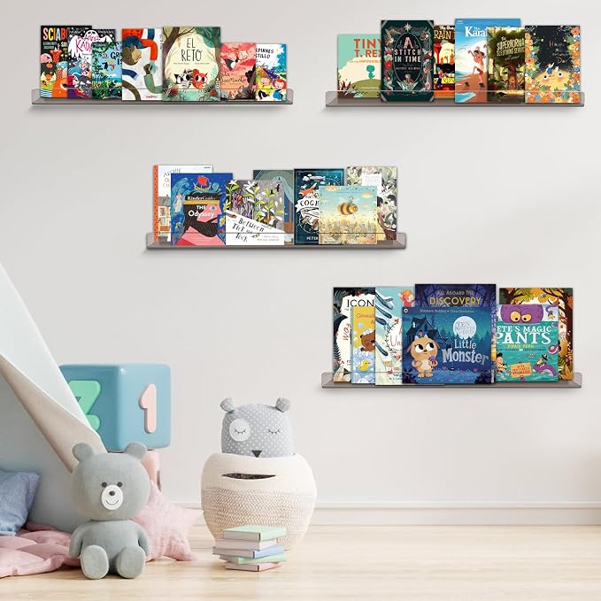 Dezzer 4 Pack Acrylic Shelves for Wall, 15" Acrylic Floating Shelves for Bathroom Bedroom, Invisible Bookshelf Wall Ledge Storage Shelf Books Perfume Toys Action Figure Display Shelves, Clear Gray