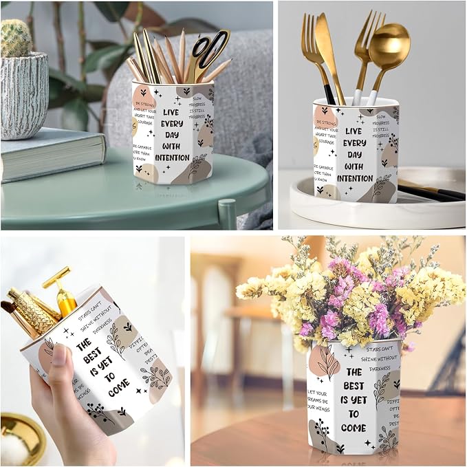 Cute Pen Holder for Desk, Ceramic Pencil Holder, Makeup Brush Holders, Desktop Stationery Organizer for School Students Office Women Teens Girls Boys, Words