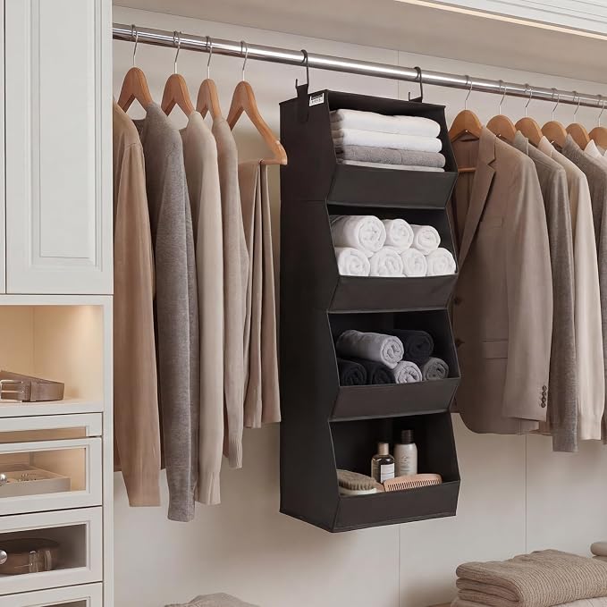 StorageWorks Basics Hanging Closet Organizer, 4-Shelf Wide Trapezoid Closet Shelves with Reinforced Anti-Sagging Support for Sweaters, Hoodies and Handbags, Foldable Storage Organizer, Black
