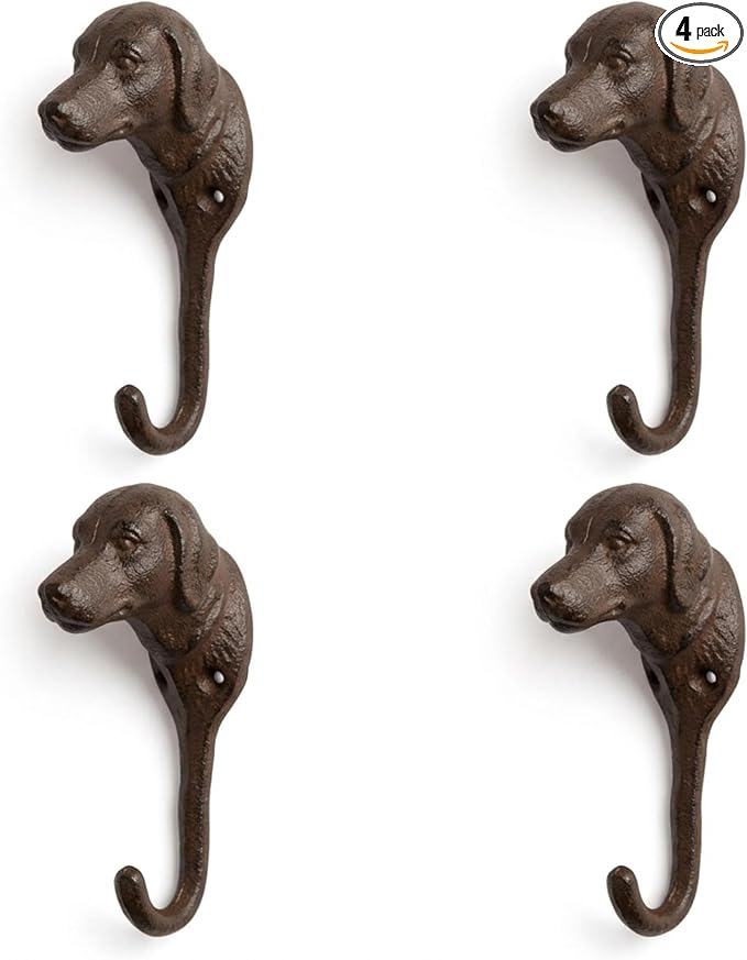 Lulu Decor Cast Iron Dog Face Wall Hooks – Set of 4 Decorative Hooks, Heavy-Duty Wall-Mounted Coat & Key Hooks, Ready to Hang