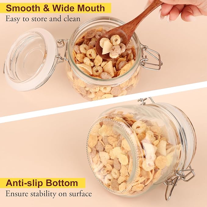 HINGWAH 16 oz Glass Jars with Airtight Lids, 6 Pack Wide Mouth Mason Jars with Clamp Lids for Kitchen Canisters, Food Storage Containers for Pickling, Coffee, Spices, Sugar, Herbs