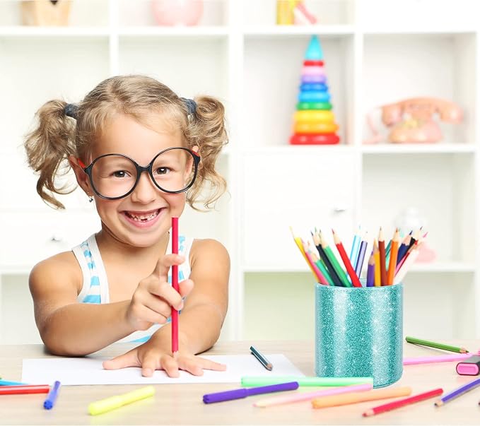 Glitter Pen Holder Pencil Organizer, Cute Pencil Cup Desk Decor, Decorative Makeup Brush Holder Large, Leather Multi-Functional Organizer Cup for Office, Home, Classroom, Blue+Green