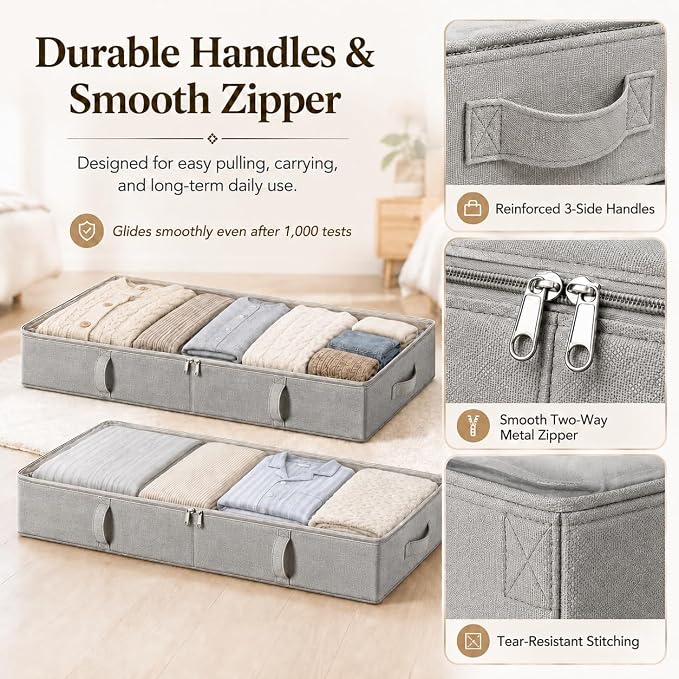 Vailando Storage Containers, 6 Inches Tall 60L Underbed Storage Bins with Sturdy Handles and Sidewalls, Closet Organizer for Clothes, Blankets, Seasonal Items, Gray, 2-Pack
