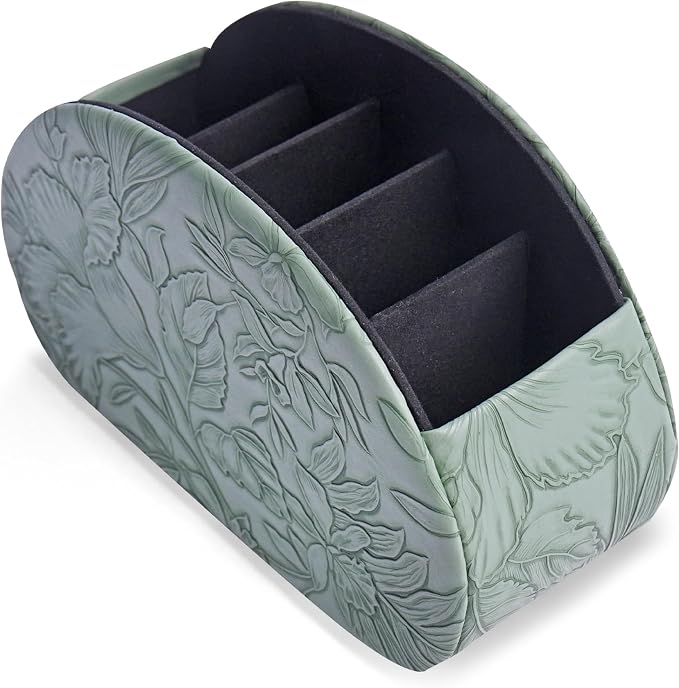 Remote Control Holder, PU Leather Remote Caddy Desktop Organizer with 5 Spacious Compartments for TV Remotes/Media Controllers/Office Supplies (1-Carved Green