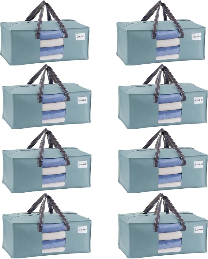 VENO 8 Pack Heavy Duty Moving Bags, Packing Bags with Clear Window, Alternative to Moving Boxes, Storage Bins for Clothes, Blankets, Comforters, College Dorm Essentials (Light Blue Matte, 8 Pack)