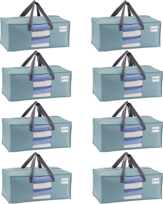 VENO 8 Pack Heavy Duty Moving Bags, Packing Bags with Clear Window, Alternative to Moving Boxes, Storage Bins for Clothes, Blankets, Comforters, College Dorm Essentials (Light Blue Matte, 8 Pack)