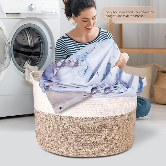 GOCAN Extra Large Laundry Basket toy storage 22"X22"X14" blanket basket Cotton Rope Woven Baskets with Handles for Living Room (Brown/Beige) XXXL