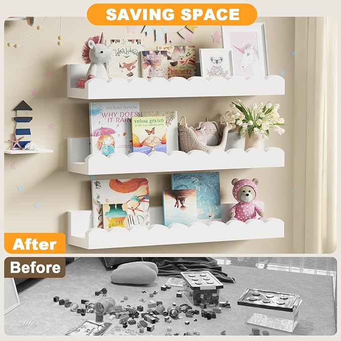 3-Pack Scalloped Shelves, Nursery Shelves for Wall, Floating Nursery Book Shelves for Kids, White