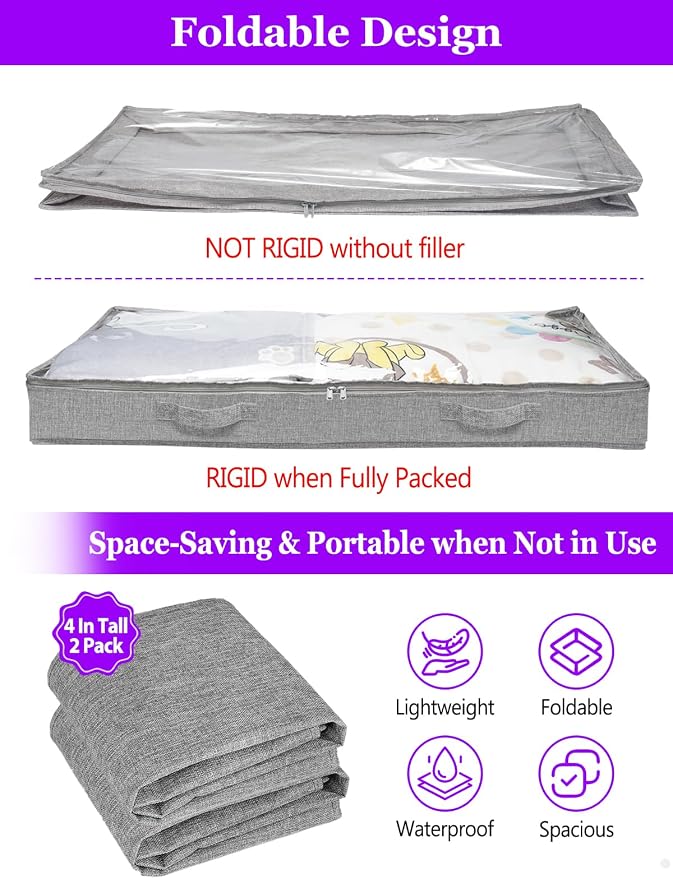 Below 4 Inches High Under Bed Storage, Low Profile Underbed Storage Containers, NO RIGID STRUCTURE, Foldable & Thin Storage Bags, Clothes Organizer w/Clear Lid & Zipper, 2-Pack, 20x40x3.7 Inches, Gray